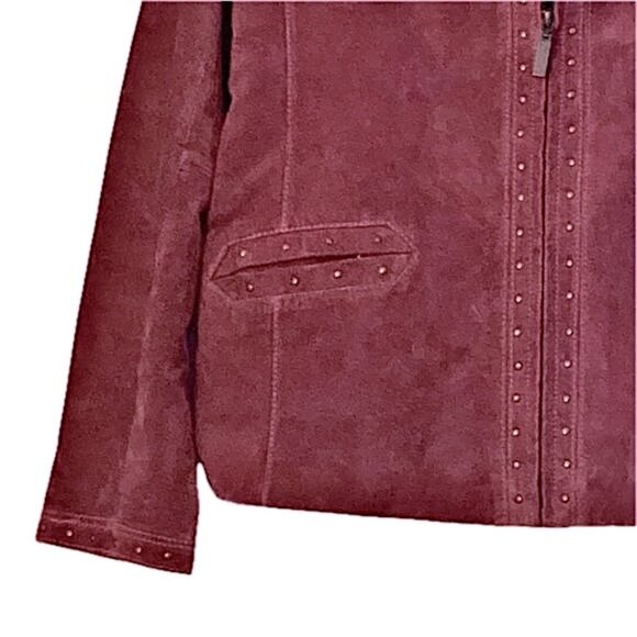 😊Monteray Bay Burgundy Suede Jacket Womens Sz 12 Antique Brass Studs Zip Pocket - Picture 6 of 10